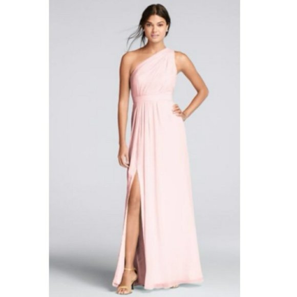 David's Bridal Dresses & Skirts - DAVID'S BRIDAL Long One-Shoulder Crinkle Chiffon Dress Petal Pink Womens Size 4